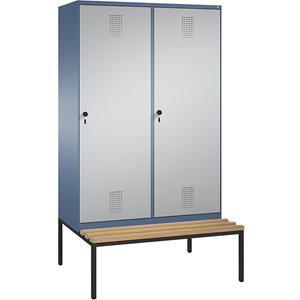 C+P EVOLO garderobekast, met zitbank, deur over 2 afdelingen, 4 afdelingen, 2 deuren, afdelingbreedte 300 mm, verblauw / blank aluminiumkleurig