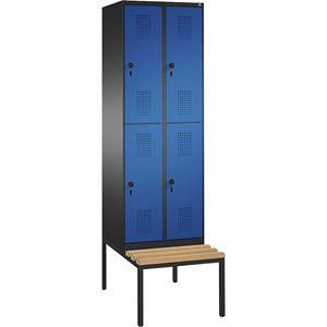 C+P EVOLO Garderobenschrank, doppelstöckig, mit Sitzbank, 2 Abteile, je 2 Fächer, Abteilbreite 300 mm, schwarzgrau / enzianblau