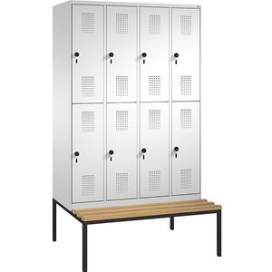 C+P EVOLO Garderobenschrank, doppelstöckig, mit Sitzbank, 4 Abteile, je 2 Fächer, Abteilbreite 300 mm, lichtgrau