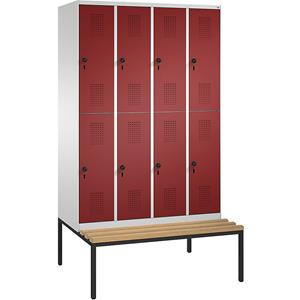 C+P EVOLO Garderobenschrank, doppelstöckig, mit Sitzbank, 4 Abteile, je 2 Fächer, Abteilbreite 300 mm, lichtgrau / rubinrot