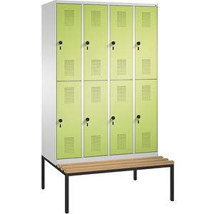 C+P EVOLO Garderobenschrank, doppelstöckig, mit Sitzbank, 4 Abteile, je 2 Fächer, Abteilbreite 300 mm, lichtgrau / viridingrün