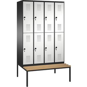 C+P EVOLO Garderobenschrank, doppelstöckig, mit Sitzbank, 4 Abteile, je 2 Fächer, Abteilbreite 300 mm, schwarzgrau / lichtgrau