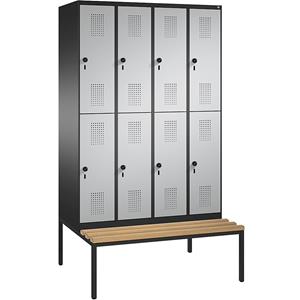 C+P EVOLO garderobekast, twee verdiepingen, met zitbank, 4 afdelingen, elk 2 vakken, afdelingbreedte 300 mm, zwartgrijs / blank aluminiumkleurig