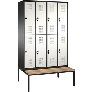 C+P EVOLO Garderobenschrank, doppelstöckig, mit Sitzbank, 4 Abteile, je 2 Fächer, Abteilbreite 300 mm, schwarzgrau / reinweiß