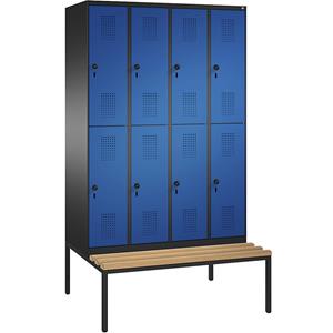 C+P EVOLO Garderobenschrank, doppelstöckig, mit Sitzbank, 4 Abteile, je 2 Fächer, Abteilbreite 300 mm, schwarzgrau / enzianblau