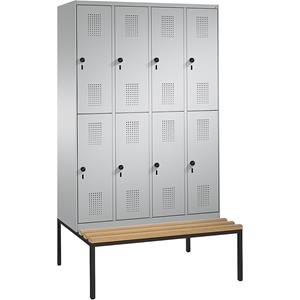 C+P EVOLO Garderobenschrank, doppelstöckig, mit Sitzbank, 4 Abteile, je 2 Fächer, Abteilbreite 300 mm, weißaluminium / weißaluminium