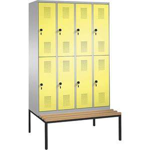 C+P EVOLO Garderobenschrank, doppelstöckig, mit Sitzbank, 4 Abteile, je 2 Fächer, Abteilbreite 300 mm, weißaluminium / schwefelgelb