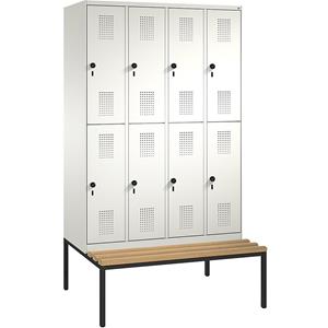 C+P EVOLO Garderobenschrank, doppelstöckig, mit Sitzbank, 4 Abteile, je 2 Fächer, Abteilbreite 300 mm, reinweiß / reinweiß