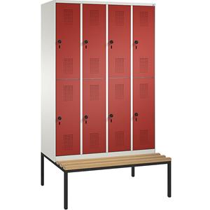 C+P EVOLO Garderobenschrank, doppelstöckig, mit Sitzbank, 4 Abteile, je 2 Fächer, Abteilbreite 300 mm, reinweiß / feuerrot