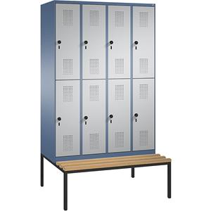 C+P EVOLO Garderobenschrank, doppelstöckig, mit Sitzbank, 4 Abteile, je 2 Fächer, Abteilbreite 300 mm, fernblau / weißaluminium