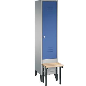 C+P Garderobekast CLASSIC met aangebouwde zitbank, 1 afdeling, afdelingsbreedte 400 mm, blank aluminiumkleurig / gentiaanblauw