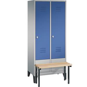 C+P CLASSIC Garderobenschrank mit vorgebauter Sitzbank, 2 Abteile, Abteilbreite 400 mm, weißaluminium / enzianblau