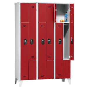 Wolf Z-Garderobenschrank, Fachhöhe 820 mm, HxBxT 1850 x 1200 x 500 mm, Abteilbreite 400 mm, Korpus- / Türfarbe Lichtgrau / Feuerrot