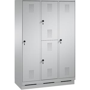 C+P EVOLO combinatiekast, met één en twee verdiepingen, 3 afdelingen, 4 deuren, afdelingbreedte 400 mm, met sokkel, blank aluminiumkleurig / blank aluminiumkleurig