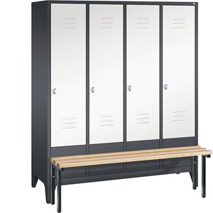 C+P CLASSIC Garderobenschrank mit vorgebauter Sitzbank, 4 Abteile, Abteilbreite 400 mm, schwarzgrau / verkehrsweiß