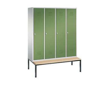 C+P CLASSIC Garderobenschrank mit untergebauter Sitzbank, 4 Abteile, Abteilbreite 400 mm, lichtgrau / resedagrün