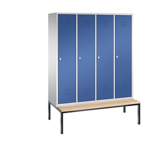 C+P CLASSIC Garderobenschrank mit untergebauter Sitzbank, 4 Abteile, Abteilbreite 400 mm, lichtgrau / enzianblau