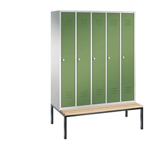 C+P CLASSIC Garderobenschrank mit untergebauter Sitzbank, 5 Abteile, Abteilbreite 300 mm, lichtgrau / resedagrün