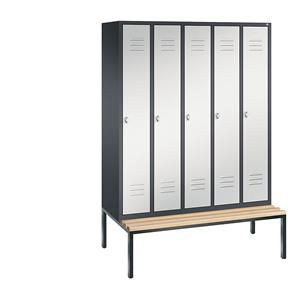 C+P CLASSIC Garderobenschrank mit untergebauter Sitzbank, 5 Abteile, Abteilbreite 300 mm, schwarzgrau / lichtgrau