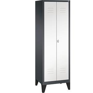 C+P CLASSIC Garderobenschrank mit Füßen, zueinander schlagende Türen, 2 Abteile, Abteilbreite 300 mm, schwarzgrau / verkehrsweiß