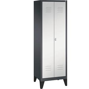 C+P CLASSIC Garderobenschrank mit Füßen, zueinander schlagende Türen, 2 Abteile, Abteilbreite 300 mm, schwarzgrau / lichtgrau