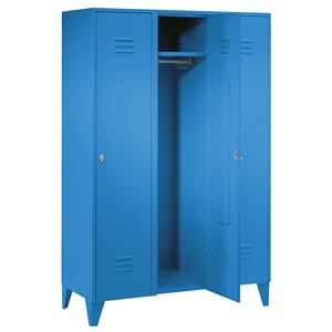 Wolf Stalen locker met kastpoten, compartimenten kasthoog, massieve deuren, compartimentbreedte 400 mm, 3 compartimenten, lichtblauw