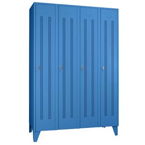Wolf Stalen locker met kastpoten, compartimenten kasthoog, deuren van perforatieplaat, compartimentbreedte 300 mm, 4 compartimenten, lichtblauw