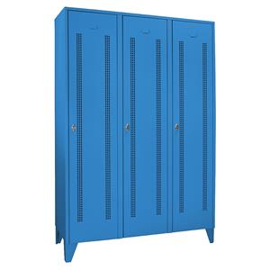 Wolf Stalen locker met kastpoten, compartimenten kasthoog, deuren van perforatieplaat, compartimentbreedte 400 mm, 3 compartimenten, lichtblauw