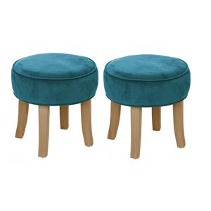 Atmosphera Zit krukje/bijzet stoel - 2x - hout/stof - blauw fluweel - D35 x H40 cm -