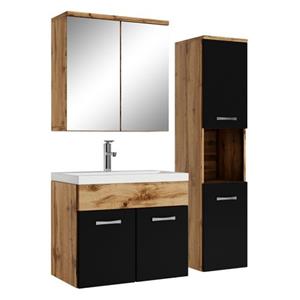 badplaats Badezimmer Badmöbel Set Montreal mit Spiegelschrank 60cm Waschbecken Eiche mit Schwarz - Unterschrank Hochschrank Waschtisch Möbel - Eiche mit matt