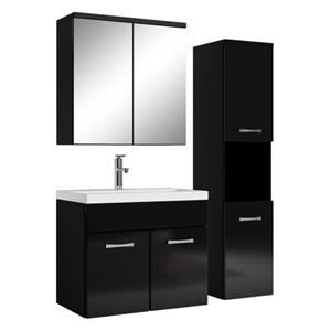 badplaats Badezimmer Badmöbel Set Montreal mit Spiegelschrank 60cm Waschbecken Hochglanz Schwarz - Unterschrank Hochschrank Waschtisch Möbel - Mat zwart met