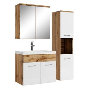 badplaats Badezimmer Badmöbel Set Montreal mit Spiegelschrank 60cm Waschbecken Eiche mit Weiß - Unterschrank Hochschrank Waschtisch Möbel - Eiche mit hochglanz