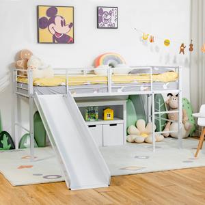 Kinderbett mit Rausfallschutz, Spielbett mit Rutschbahn und Leiter, aus Metall, für Jungs & Maedchen, 198 x 96 x 109cm Weiss - Costway