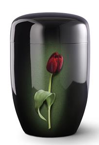 Urnwebshop Design Urn Rode Tulp op Zwart Satijn (4 liter)