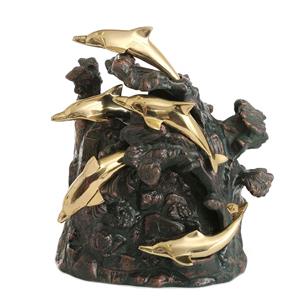 Urnwebshop Bronzen Urn Dansende Dolfijnen rond Rots (4.5 liter)