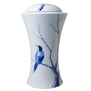 Urnwebshop Grote Vaas Urn Slanke Taille Delfts Blauw Vogel Motief (4.5 liter)