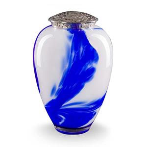 Urnwebshop Kristalglazen Wit Kobalt Swirl Urn, Zilver Deksel (4 liter)