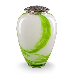 Urnwebshop Kristalglazen Wit Groen Swirl Urn, Zilver Deksel (4 liter)