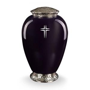 Urnwebshop Glazen Urn Zwart Cross, Zilveren Voet en Deksel (4 liter)