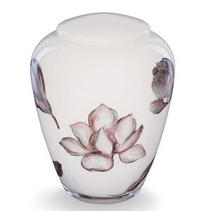 Urnwebshop Glazen Urn Glimmend Wit - Magnolia Bloemen (4 liter)