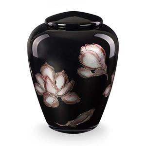 Urnwebshop Glazen Urn Glimmend Zwart - Magnolia Bloemen (4 liter)