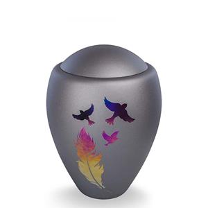 Urnwebshop Glazen Urn Antraciet - Spiegelende Vogels en Veer (4 liter)