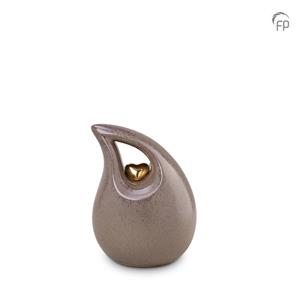 Urnwebshop Mini Keramische Teardrop Urn Grey - Gouden Hart (0.8 liter)