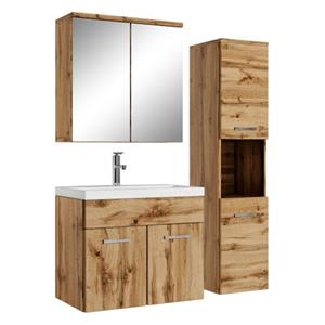 badplaats Badezimmer Badmöbel Set Montreal mit Spiegelschrank 60cm Waschbecken Eiche - Unterschrank Hochschrank Waschtisch Möbel - Eiche