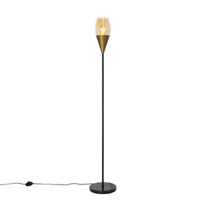 qazqa Moderne Stehleuchte Gold mit bernsteinfarbenem Glas – Drop - Gold