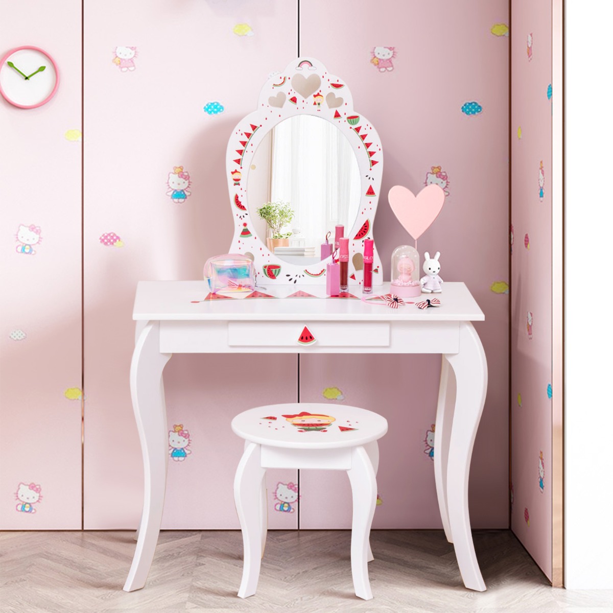 Costway Kaptafelset Prinses 2 in 1 Kinderkaptafel met Afneembare Spiegel en Lade Watermeloenontwerp voor Kinderen Vanaf 3 Jaar Wit