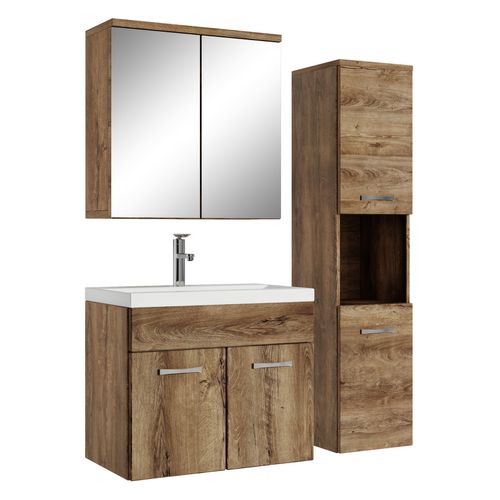 badplaats Badezimmer Badmöbel Set Montreal mit Spiegelschrank 60cm Waschbecken Braun Eiche - Unterschrank Hochschrank Waschtisch Möbel - Braun eiche