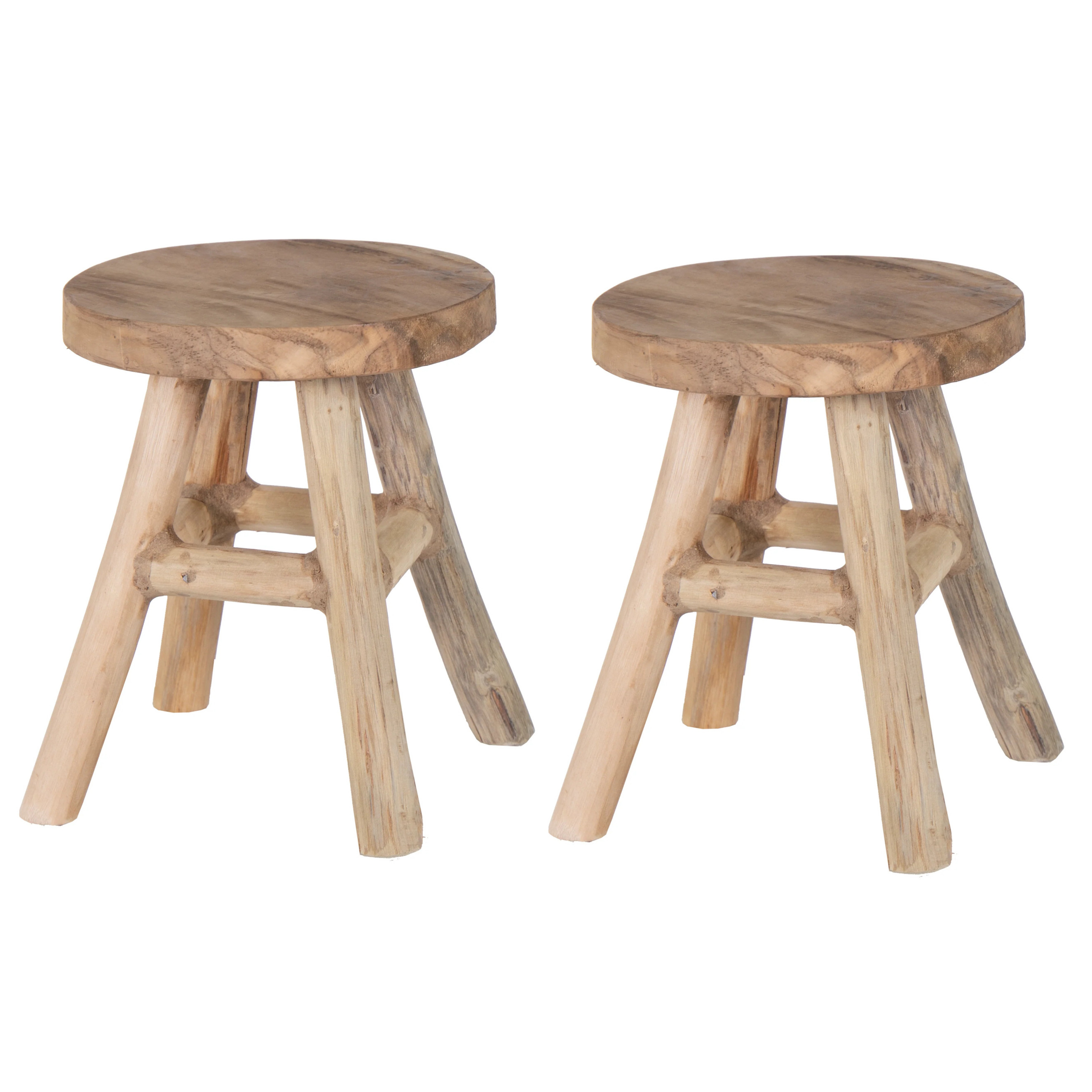 Mega Collections Zit krukje/bijzet stoel - 2x - teak hout - lichtbruin - D20 x H25 cm - Voor kinderen -