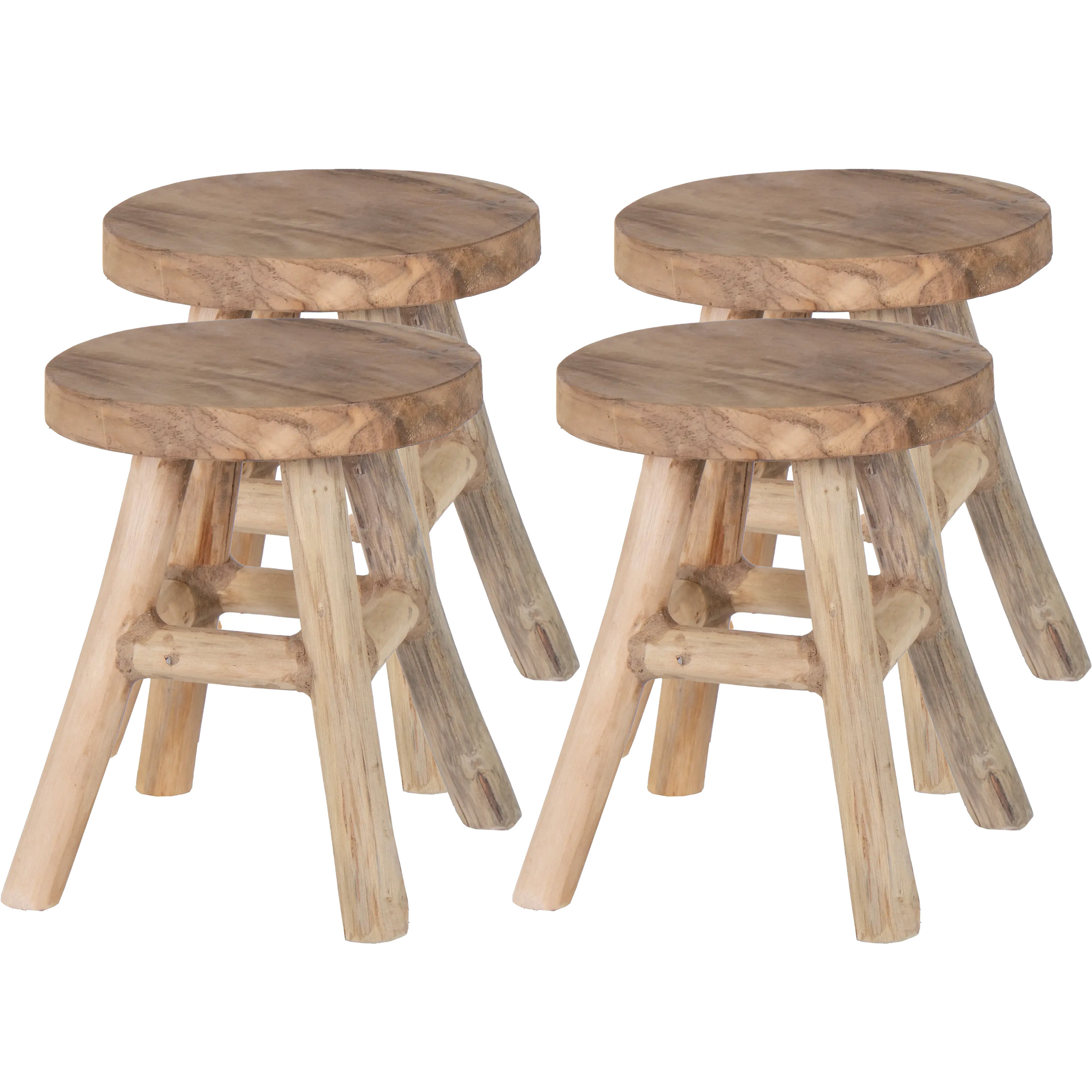 Mega Collections Zit krukje/bijzet stoel - 4x - teak hout - lichtbruin - D20 x H25 cm - Voor kinderen -
