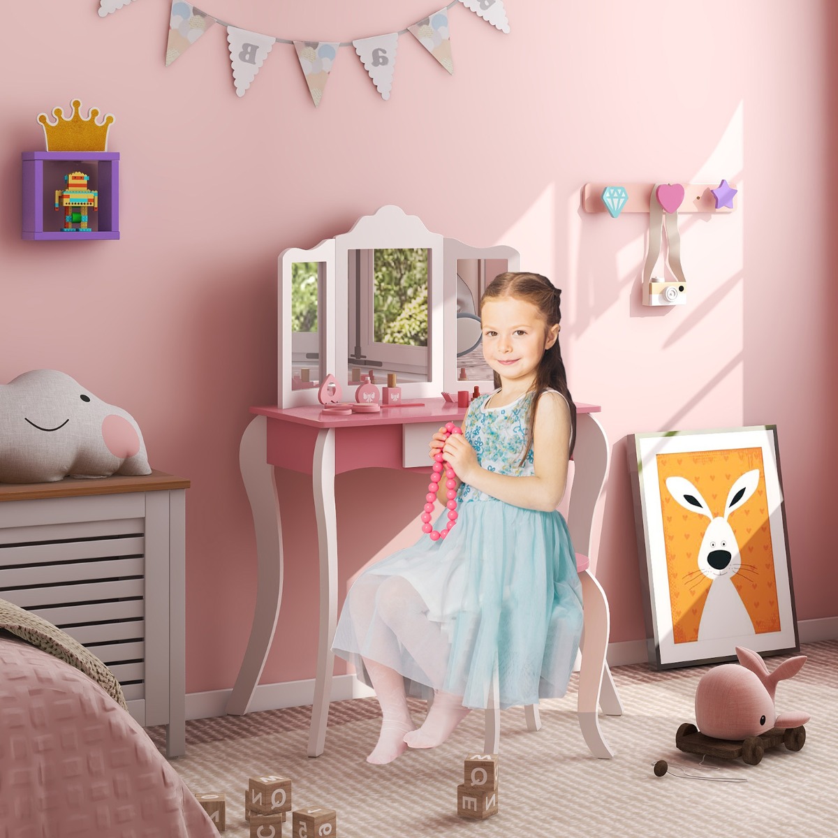 Costway 2 In 1 Kinderkaptafel met Krukje & Afneembare 3-Delige Spiegel Make-Up Tafel met Lade voor Kinderen Vanaf 3 Jaar Wit + Roze